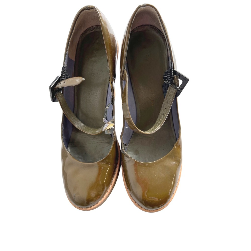 Marc Jacobs Olive Green Patent Leather Platform Mary Jane Block Heels Size 37.5 - Picture 9 of 11